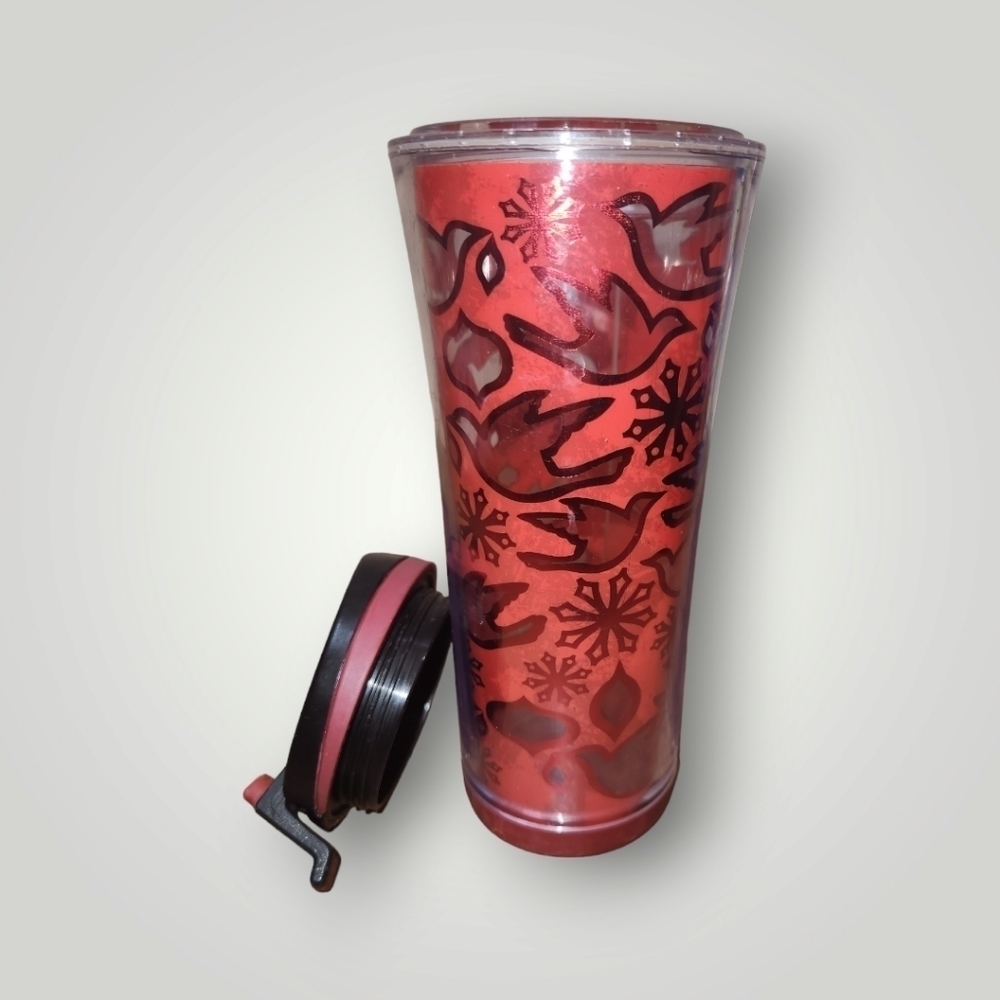 Starbucks Coffee 2008 Travel Tumbler 12 Oz Red Holiday Christmas Birds